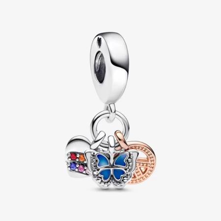 CHARM PANDORA TRIPLE PAPILLON PAIX COEUR ARC EN CIEL 